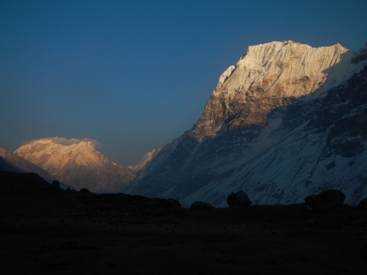 Looking east along the valley towards Kanchenjunga Base Camp as the sun sets.