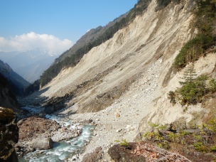 Typical example of the large landslides that have hit the Yangma Valley. Its passable but hard and potentially dangerous work.