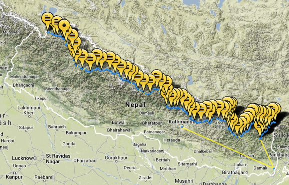 This is a screen shot from my Yellowbrick Tracking system website. It shows the exact route I took across Nepal using both the Upper and Lower GHT. Most of the routes used were however, in the upper sections.